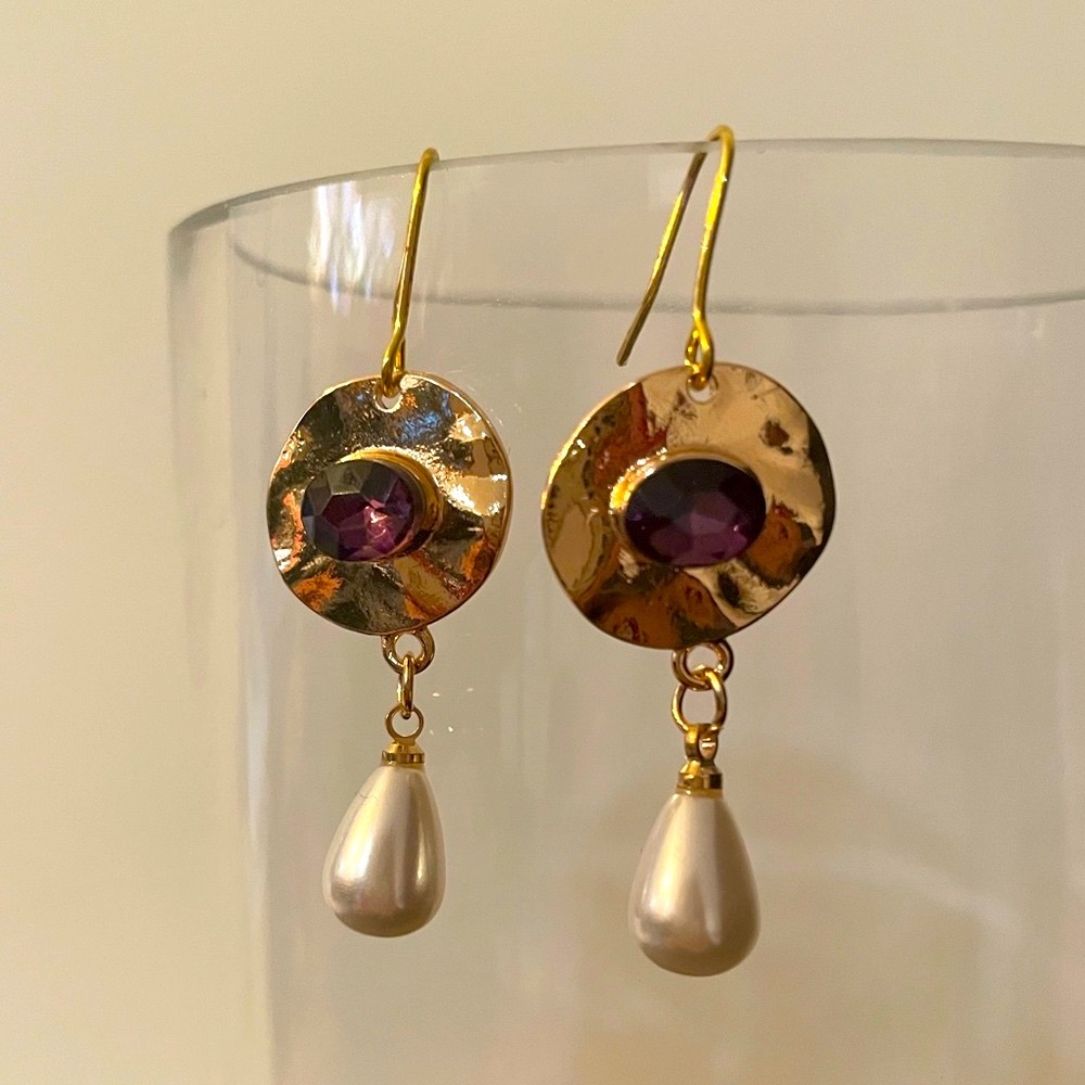 Amethyst gold drop pearl earrings